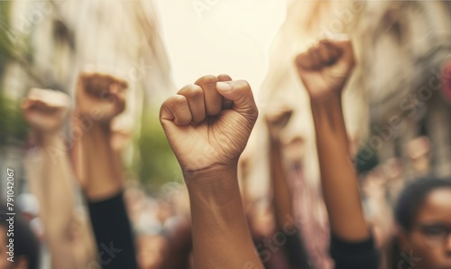 Unity and strength in diversity, raised fists of different skin tones against a blurred city backdrop symbolizing solidarity - AI generated. photo