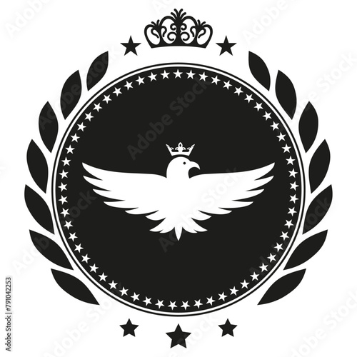 Black and white imperial eagle emblem with laurel wreath on white background