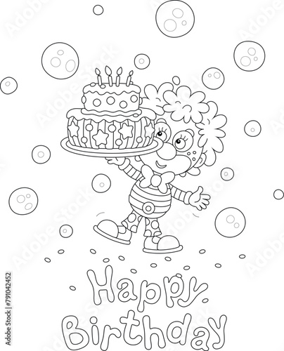 Happy birthday card with a funny circus clown and a sweet holiday cake with candles among soap bubbles flying around, black and white vector illustration for a coloring book