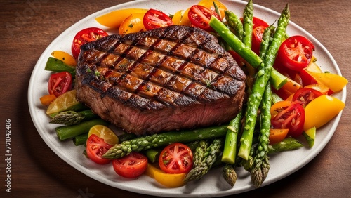 Juicy grilled steak with slices of tomatoes, asparagus and bell pepper.