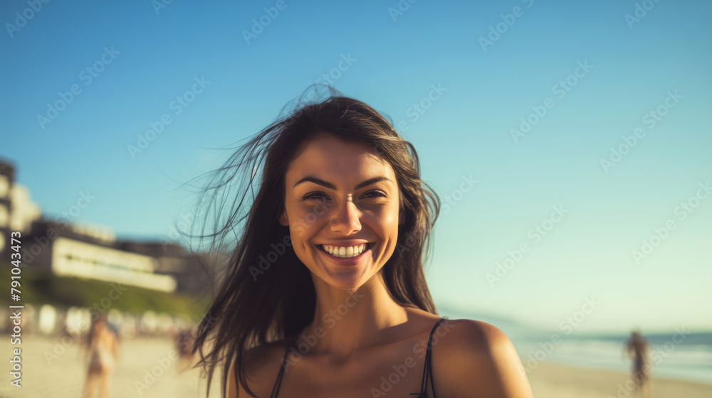 a happy young attractive woman enjoying herself on a sunny beach during a warm day, green eyes, black hair a happy young attractive woman enjoying herself on a sunny beach during a warm day, green eyes, black hair