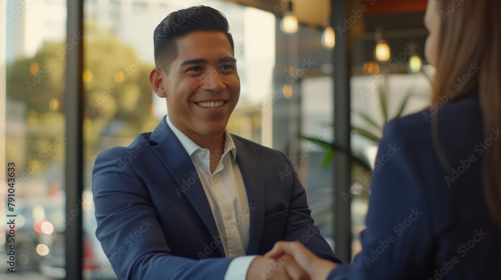 Fototapeta premium Triumphant Hispanic Professional Sealing the Deal with a Handshake in Brightly Lit Office