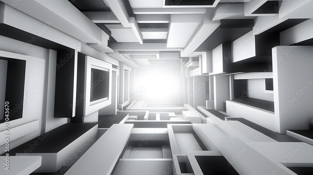 Obraz premium 3d rendering of white and black abstract geometric background. Scene for advertising, technology, showcase, banner, game, sport, cosmetic, business, metaverse. Sci-Fi Illustration. Product display