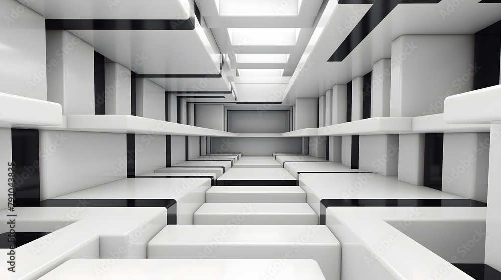 Obraz premium 3d rendering of white and black abstract geometric background. Scene for advertising, technology, showcase, banner, game, sport, cosmetic, business, metaverse. Sci-Fi Illustration. Product display