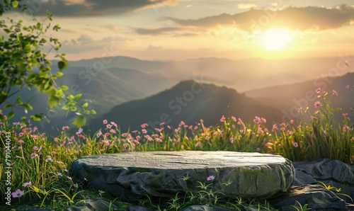 An empty Serene alpine sunrise with a large stone in the foreground for product display, vibrant wildflowers and majestic snow-capped peaks in the soft morning light - AI generated.