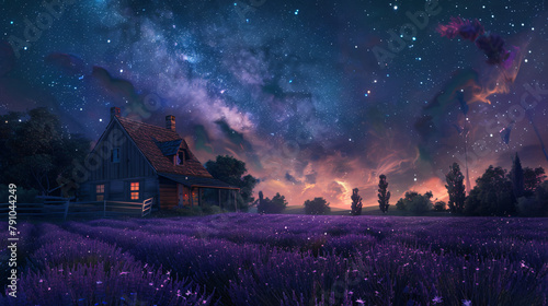 Cottage scene nestled in a field of lavender