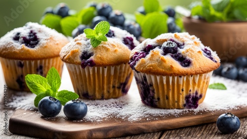 Blueberry muffins with a golden brown crust, decorated with juicy blueberries.