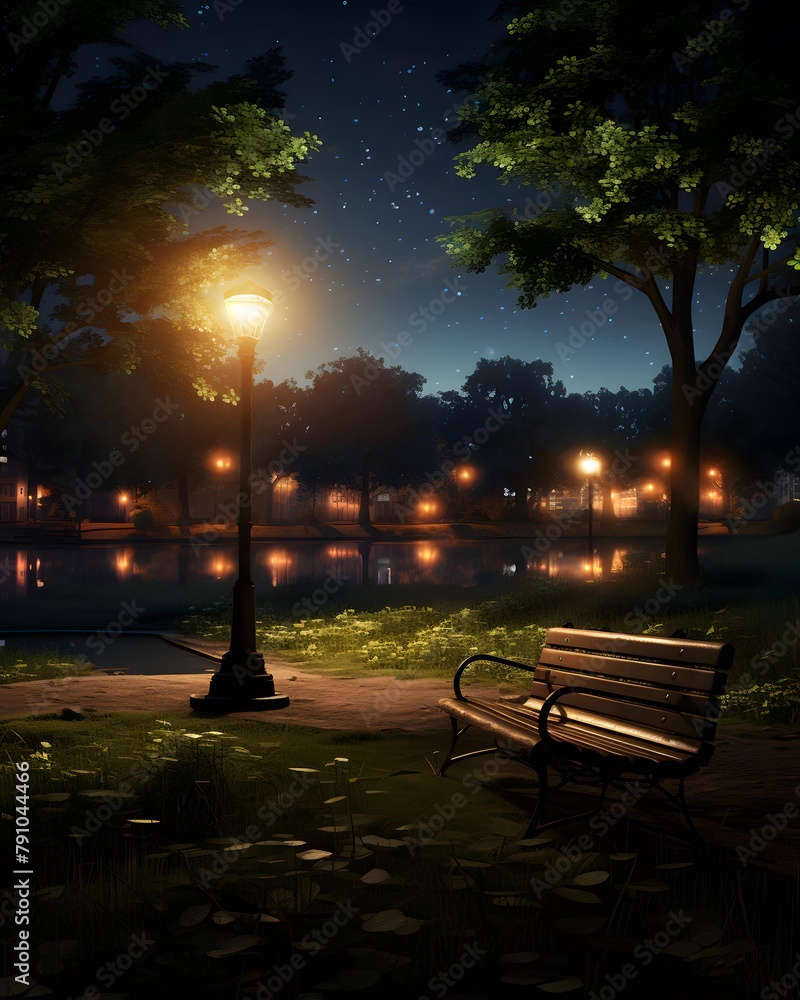 City park at night with a bench and a street lamp. 3d rendering