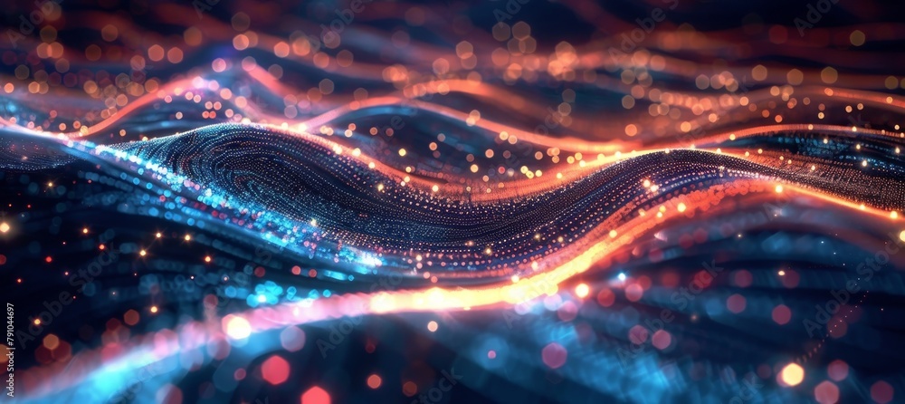 Abstract pulsating light waves against dark backdrop - digital network data streams concept Abstract pulsating light waves against dark backdrop - digital network data streams concept