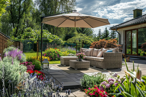A patio with a large umbrella and a couch © mila103