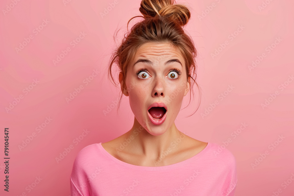 A surprised woman with bulging eyes on a pink background. A surprised woman with bulging eyes on a pink background.