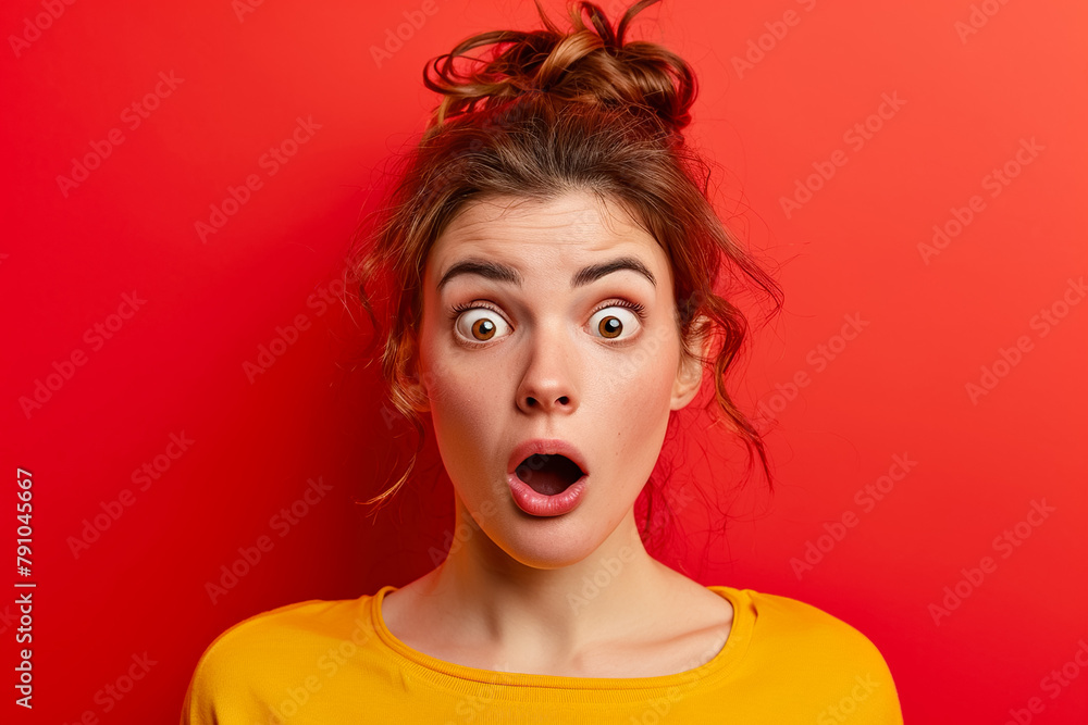 A surprised woman with wide eyes and raised eyebrows on a red background A surprised woman with wide eyes and raised eyebrows on a red background
