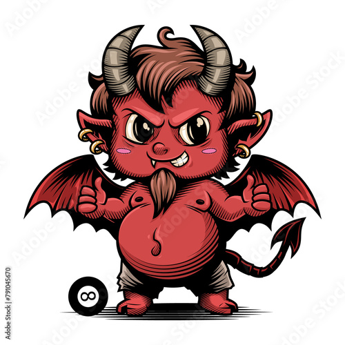 Cute little devil. Vector illustration in engraving technique of small silly devil monster with funny face.