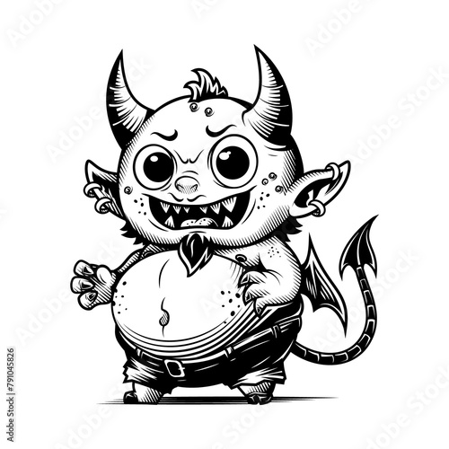 Cute little devil. Vector illustration in engraving technique of small silly devil monster with funny face.