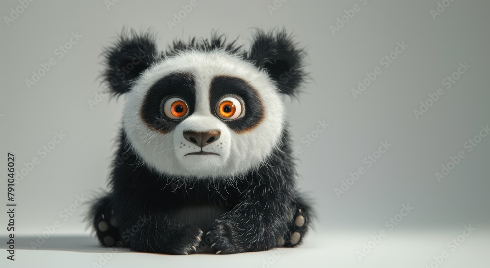 three dimensional render of an adorable panda with striking orange eyes and a curious expression