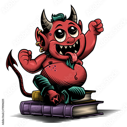 Cute little devil. Vector illustration in engraving technique of small silly devil monster with funny face.
