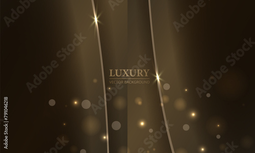 Dark brown luxury abstract background with bokeh effect and sparkles on golden curve lines. Elegant vector illustration background template design for celebration award.