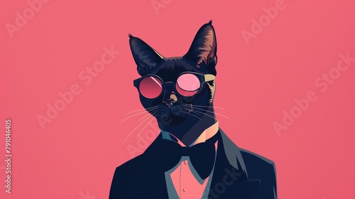 Animated portrayal of an exotic cat as a debonair secret agent, glasses on, in a tuxedo, ready for an undercover mission photo
