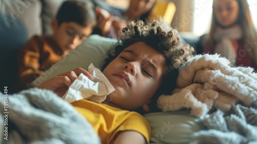 Child resting in bed with fever, surrounded by caring family members offering tissues and comfort