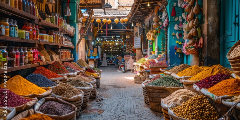 Fototapeta premium Zanzibar Spice Market: Colorful stalls full of exotic spices, fruits, and local products
