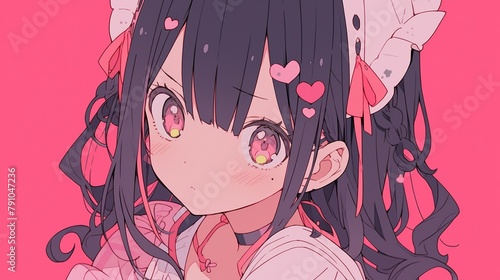 medium shot of 25d cute anime girl with pink backgroun