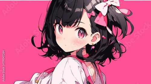 medium shot of 25d cute anime girl with pink backgroun