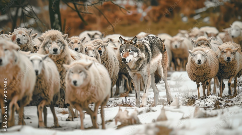 Obraz premium Stark contrast depicted as a lone wolf gazes intently among a flock of sheep, a metaphor for uniqueness and individuality - AI generated