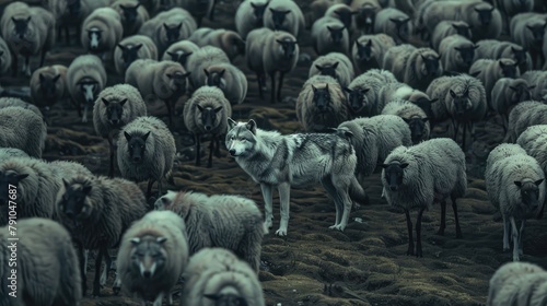 Stark contrast depicted as a lone wolf gazes intently among a flock of sheep, a metaphor for uniqueness and individuality - AI generated