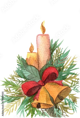 A Christmas candle.Christmas decoration, season,composition of candles and bells