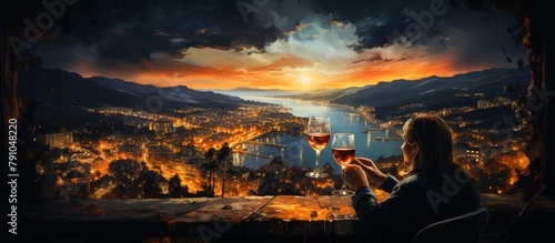 They share a bottle of Spanish wine, glasses clinking gently against the backdrop of the city lights painted with oil Double exposure. photo
