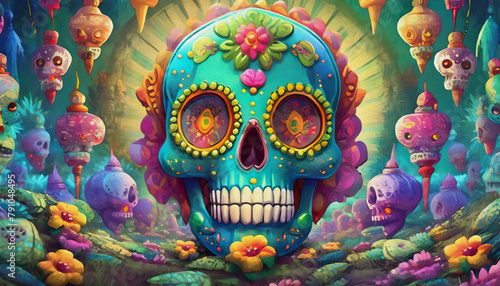 oil painting style cartoon character multicolored Mexican skull, day of the dead celebration altar, skull