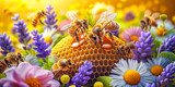 May 20, World bee day. A lively swarm of bees is illustrated in a sea of vibrant flowers and honeycomb, celebrating the beauty and importance of pollination