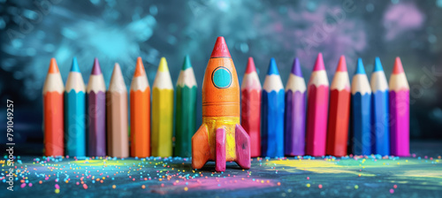 A colorful pencil as a rocket ready to take off. Colorful school education concept.