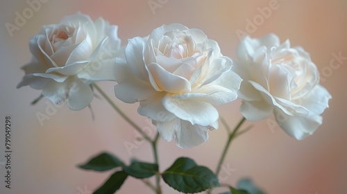   Three white roses in a vase against a pink backdrop  surrounded by green leafy foliage  the background softly blurred