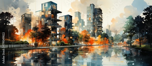 Zoning regulations and urban planning strategies shape the development and layout of the city landscape painted with oil Double exposure.