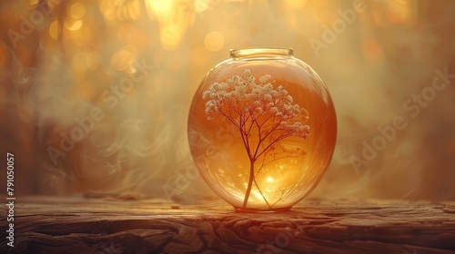   A clear vase containing a tree, positioned on a table against a backdrop of indistinct tree foliage photo