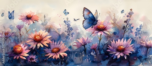 purple and pink aster flowers and blue butterflies painted in watercolor