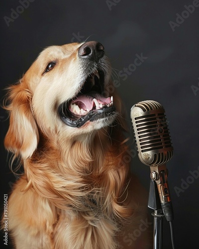 A dog and a microphone, a scene filled with humor as the canine croons a tune, a fun musical twist photo