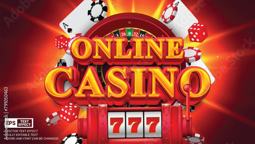 Online casino advertisement editable 3d vector text style effect with roulette wheel, casino slot machine, red dice and playing poker cards