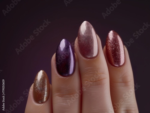  woman's fingers with metallic nail polish on the nails.