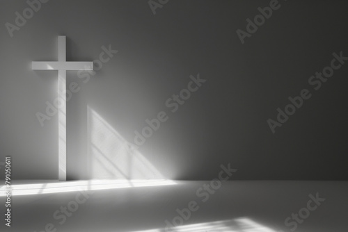 a white cross, with shadow, on a grey background