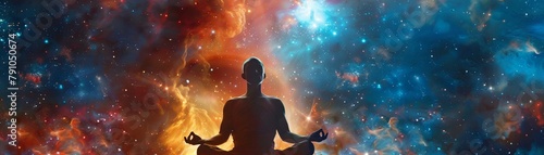 A figure meditating in space with a nebula in the background, symbolizing spiritual enlightenment and cosmic unity