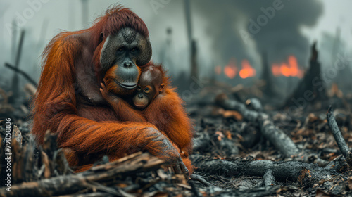 Portrait of the devastating impact of deforestation, featuring an Orangutan mother with her baby sitting amidst the remnants of a tropical forest.