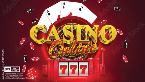Casino online advertisement 3d editable vector text style effect with casino roulette wheel, slot machine, red dice, casino chips and playing poker cards