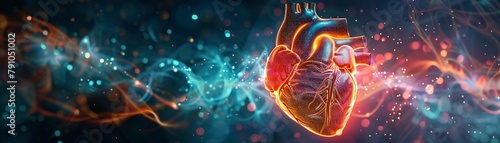A heart rendered in digital art, glowing with energy and depicting the dynamic nature of health and vitality photo