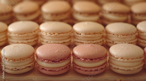   A tight shot of several macaroons arranged on a table, surrounded by more macaroons in the background