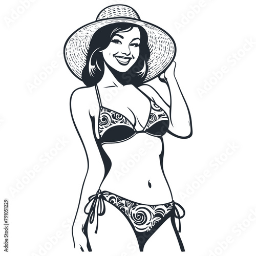 Smiling woman in swimsuit and beach hat, vector illustration