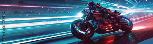 A sleek, highspeed motorcycle with neon accents zooming on a futuristic highway under starlit sky