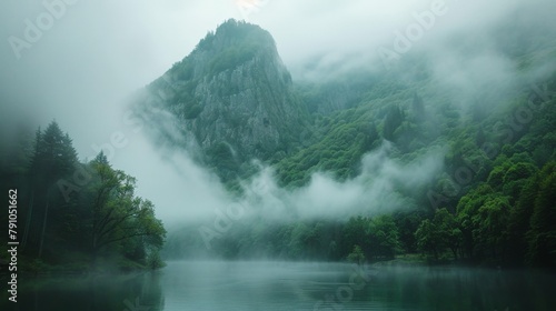 A boat floats near a mountain