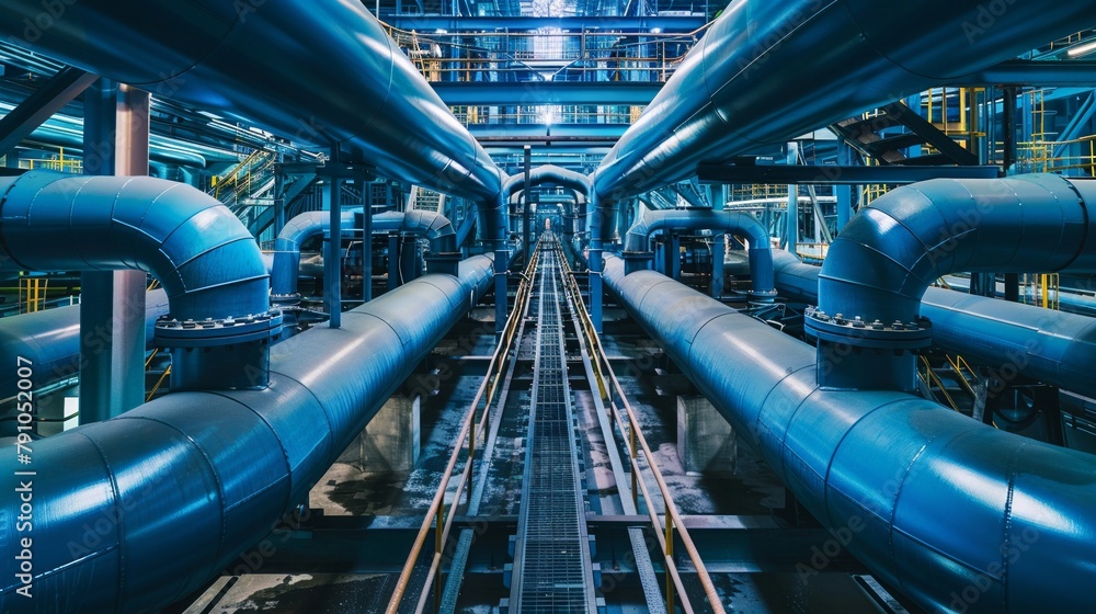 Blue industrial pipes weaving through a large facility, showcasing the complex infrastructure of modern industry Blue industrial pipes weaving through a large facility, showcasing the complex infrastructure of modern industry